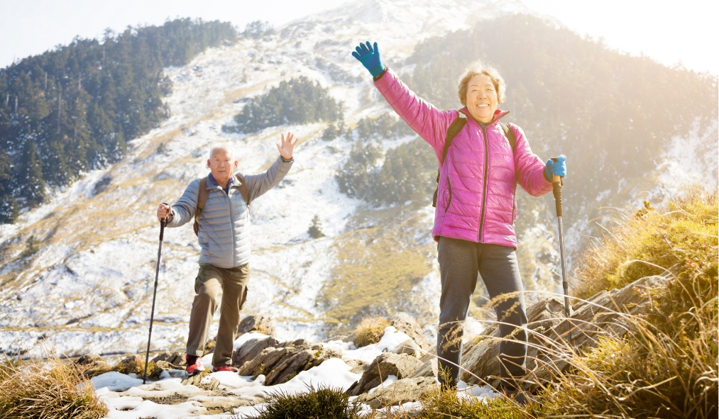 senior asian hikers winter