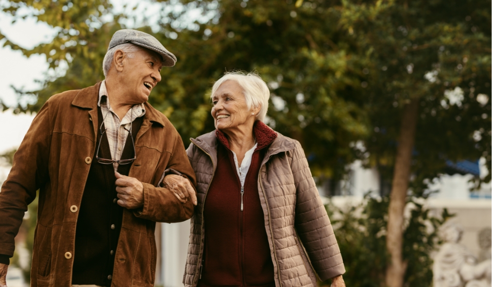ohio senior couple walking on a chilly day