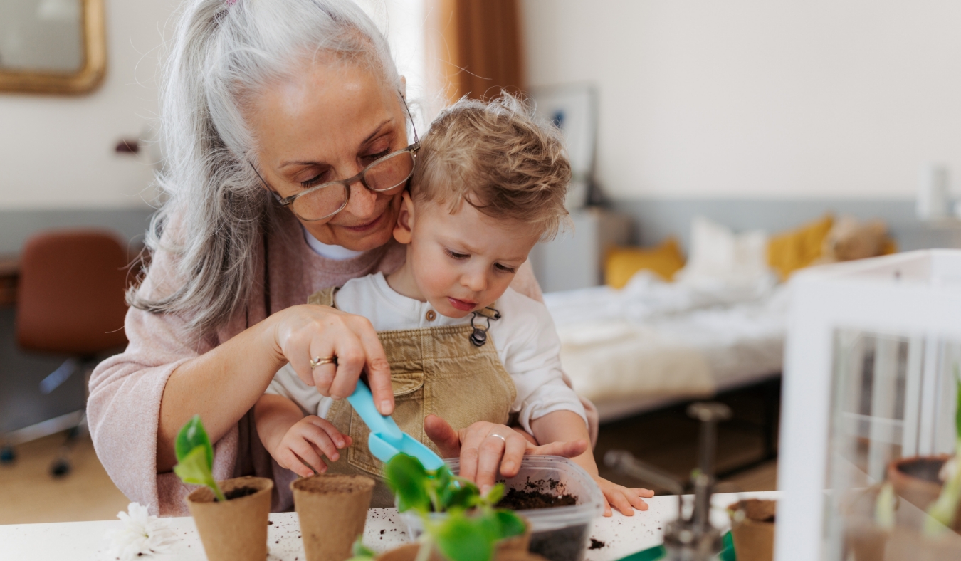 Grandmother with her grandson planting vegetables and flowers
