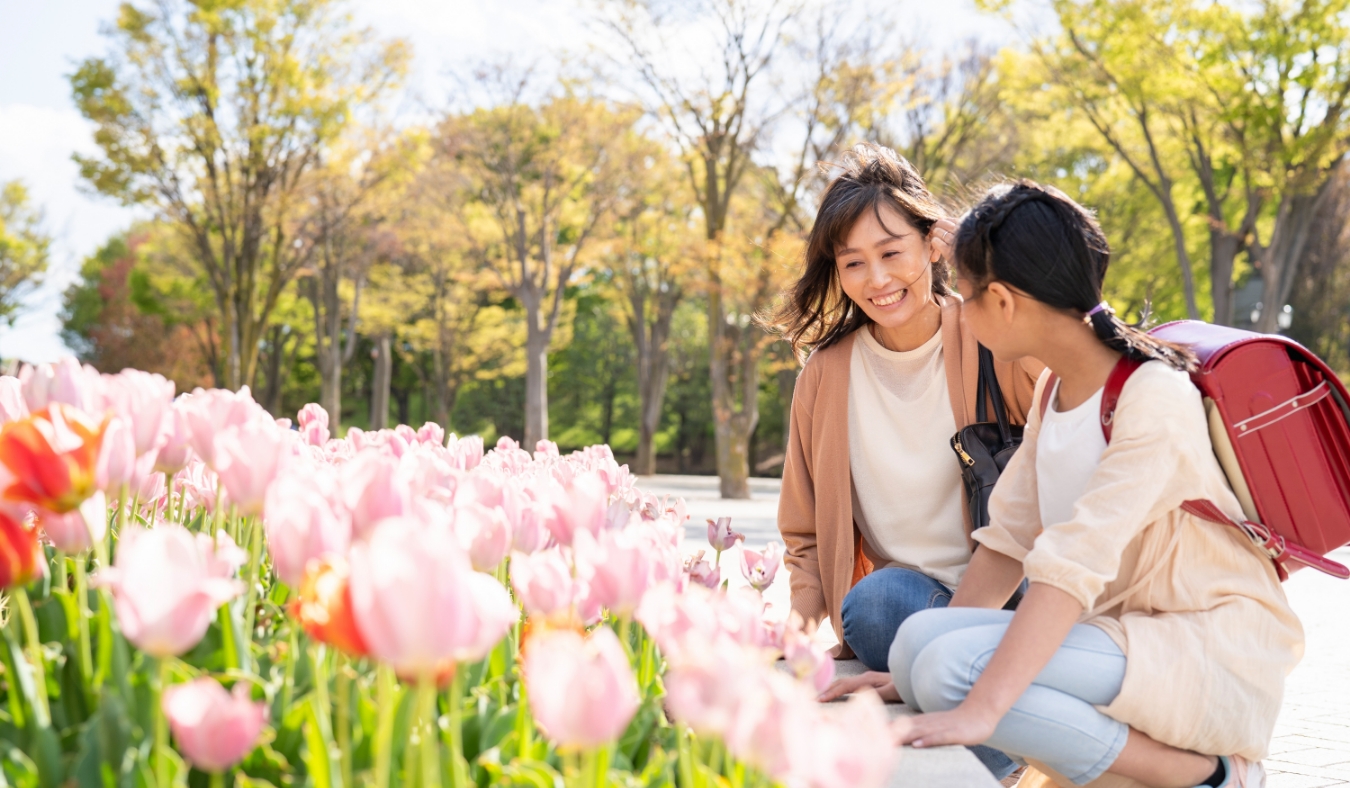 Parents and children in front of a tulip field in the park