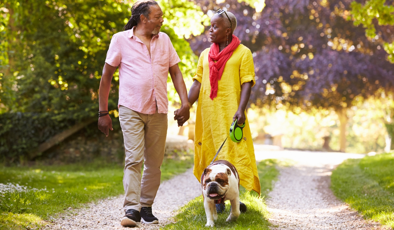 Senior Couple Walking With Pet Bulldog In Countryside