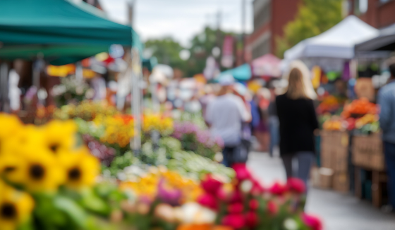 vibrant farmers market filled with colorful stalls displaying fresh produce and flowers