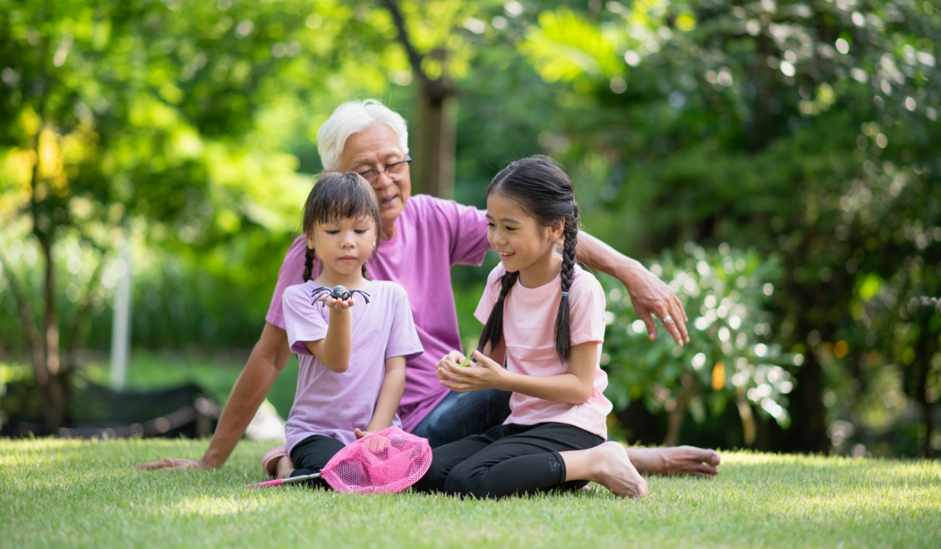 Happy Asian family children having fun and catches a net of insects with her grandfather in the park