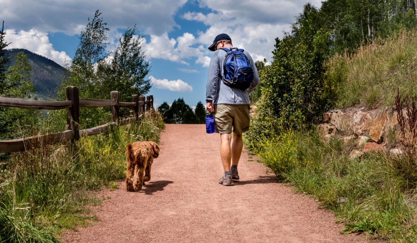 man and his dog walking side by side on a dirt hiking trail near mountains