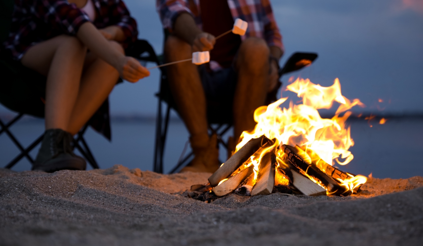 People roasting marshmallows over burning firewood on beach