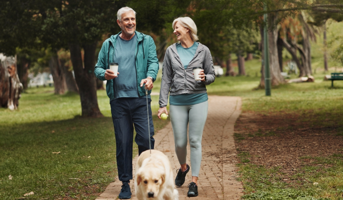 Walking dog and fitness with old couple in park