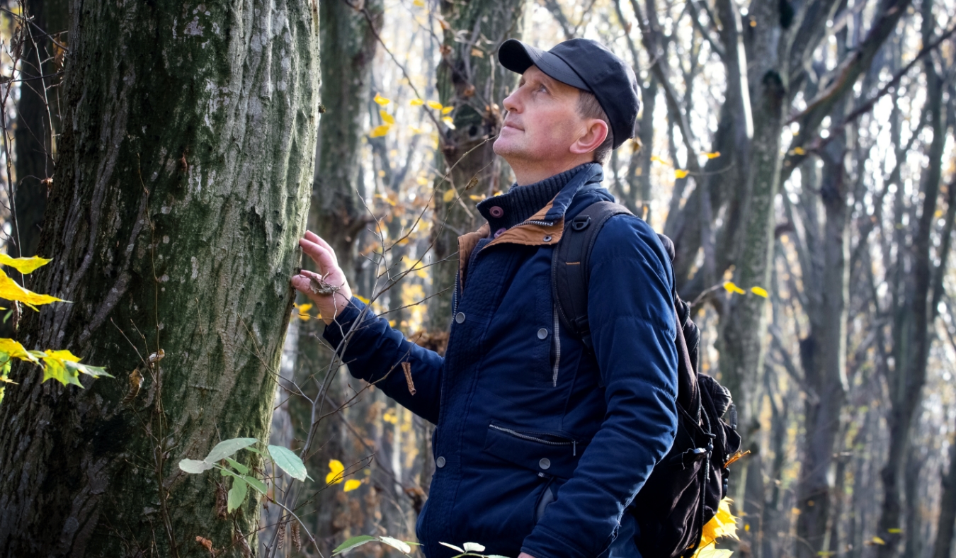 older man hiking in autumn forest